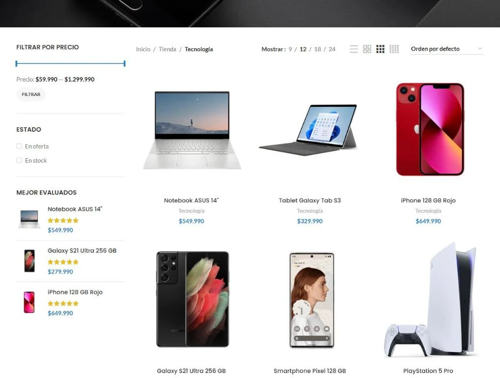 Catálogo de tecnología con filtro por precio y productos mejor evaluados