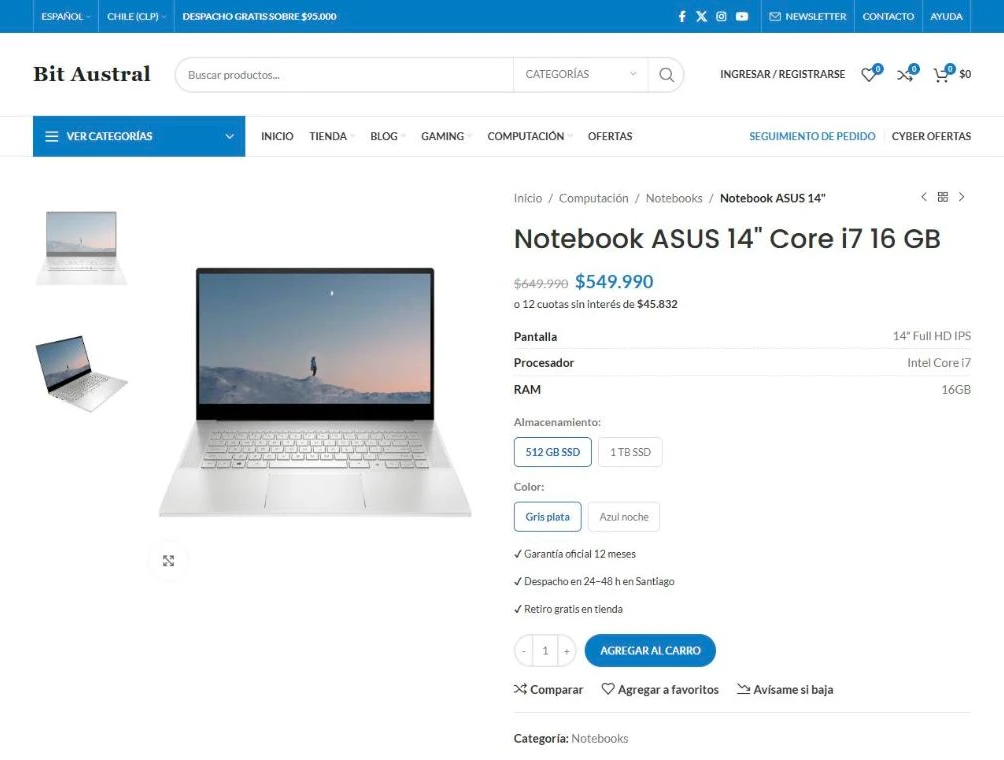 Ficha de producto de un notebook con precio rebajado, cuotas sin interés y opciones de almacenamiento