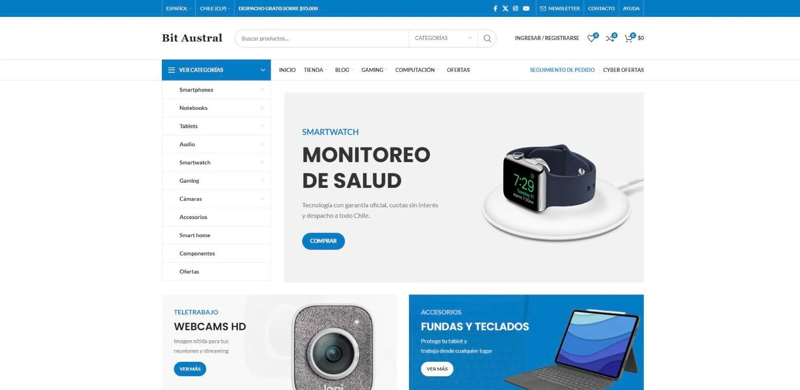 Home de una tienda online de tecnología en computador con menú de categorías y banner de smartwatch