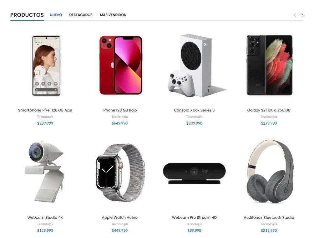 Grilla de productos de tecnología con smartphones, consolas, webcams y audífonos con precio